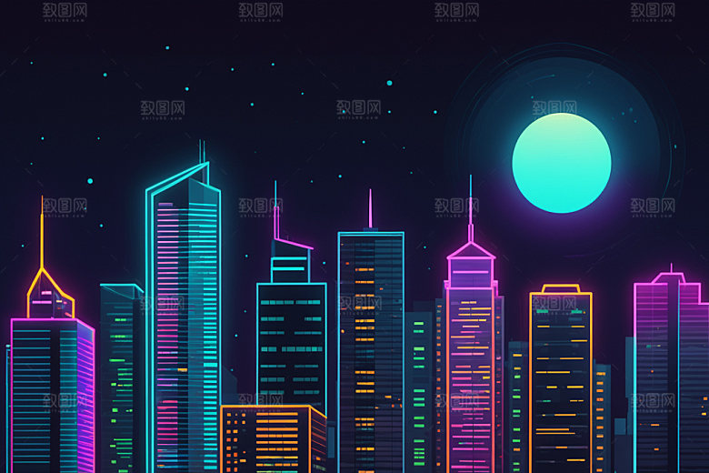 霓虹城市彩色未来插画