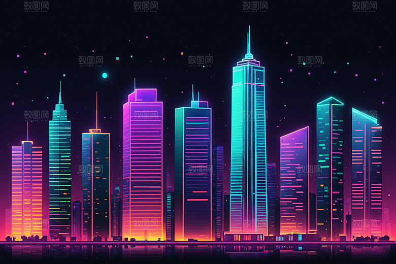 霓虹城市赛博朋克元素插画
