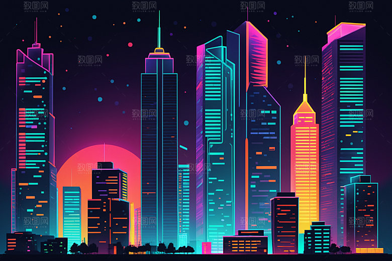 霓虹城市时尚建筑插画