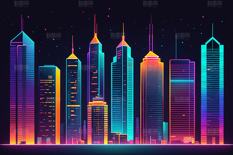 霓虹城市都市彩色插画