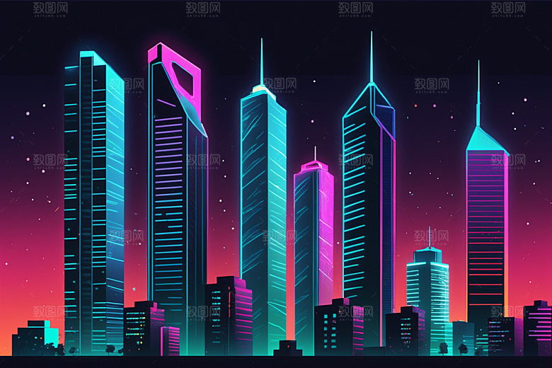霓虹城市赛博朋克未来插画