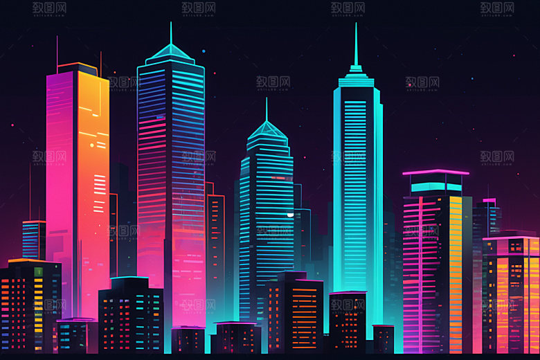 霓虹城市地标建筑插画