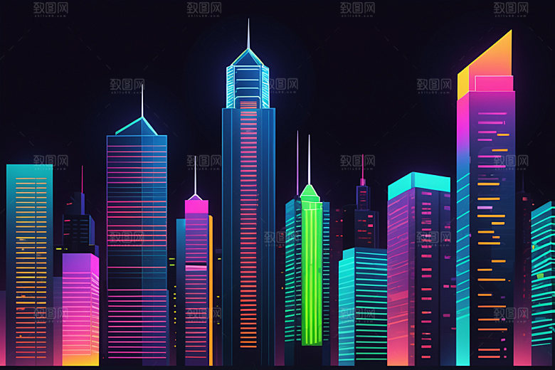 霓虹城市赛博朋克地标插画