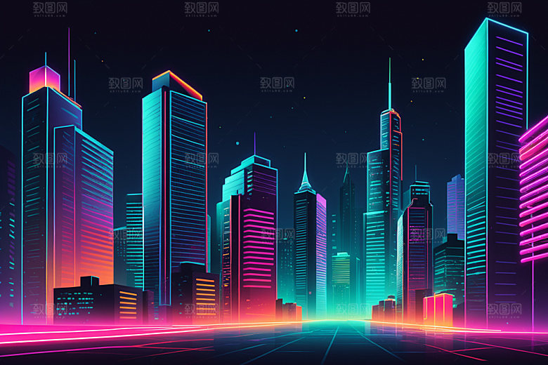 霓虹城市赛博朋克地标插画
