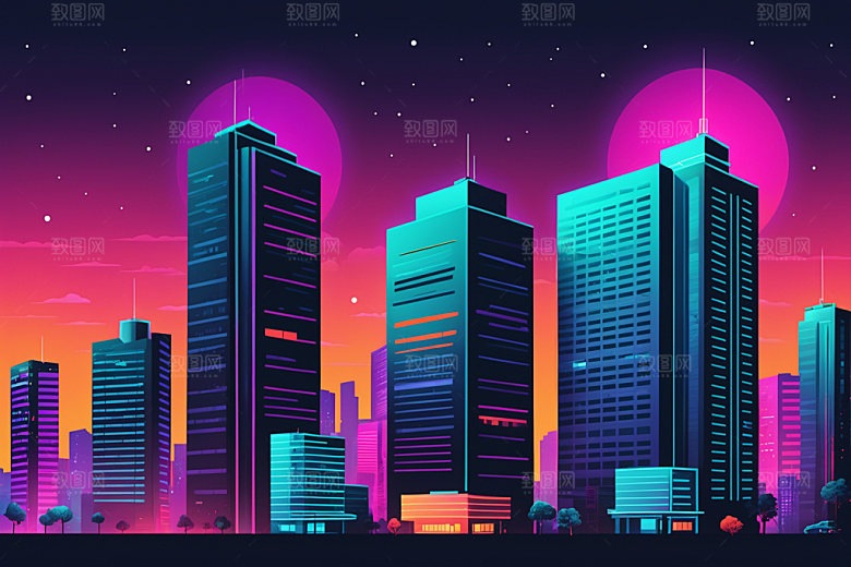 霓虹城市地标建筑插画