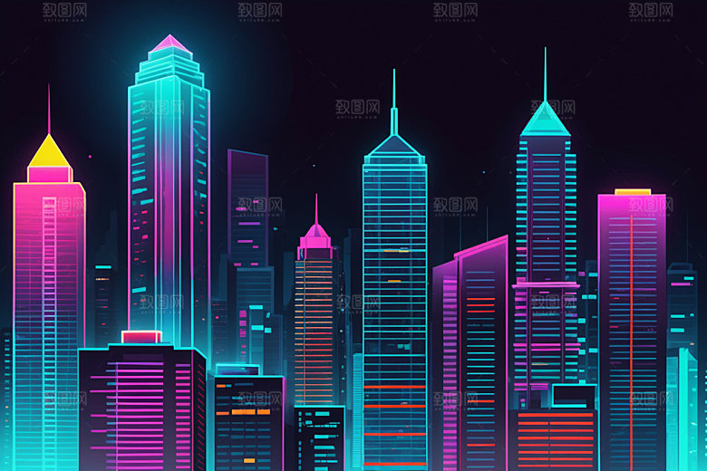 霓虹城市彩色赛博朋克插画