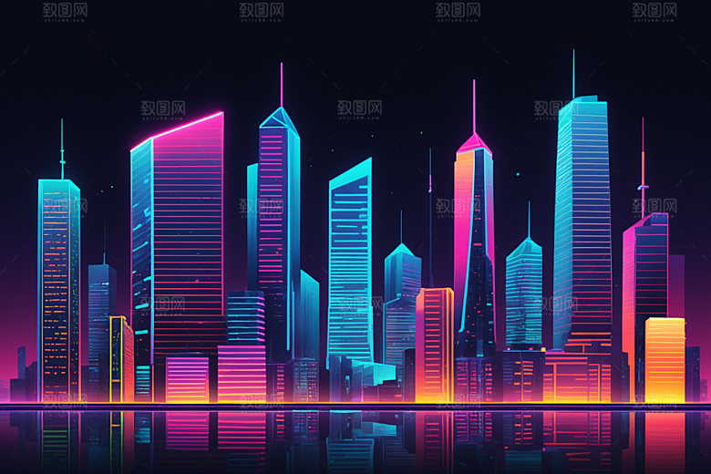 霓虹城市未来地标插画