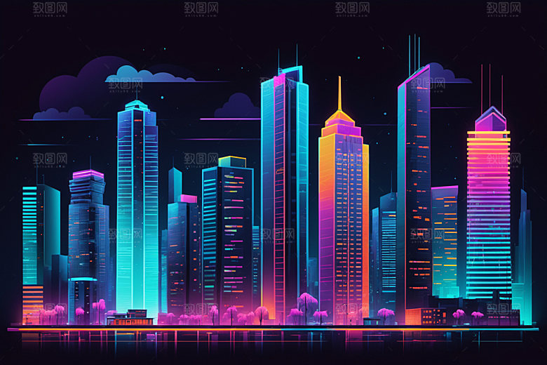 霓虹城市科技感都市插画