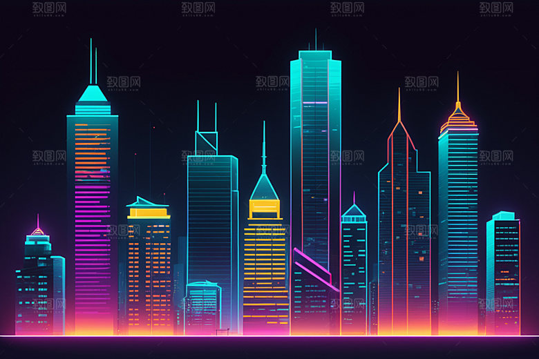 霓虹城市赛博朋克科技感插画