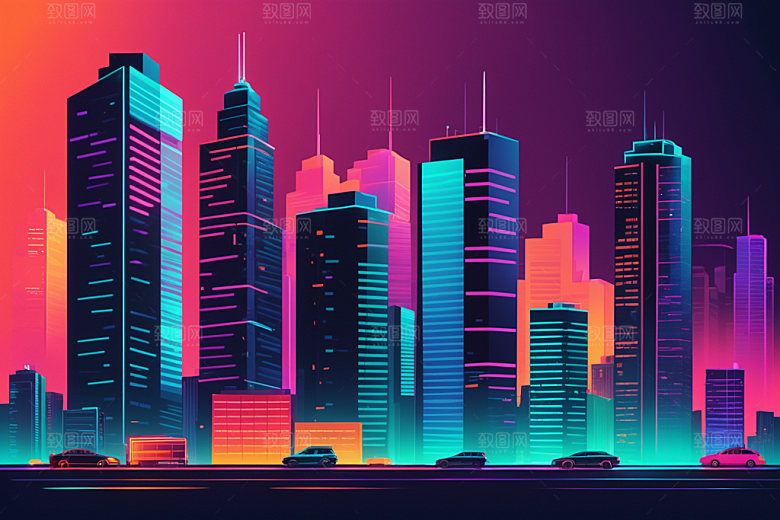 霓虹城市彩色建筑插画
