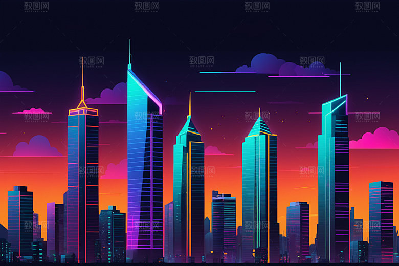 霓虹城市彩色元素插画