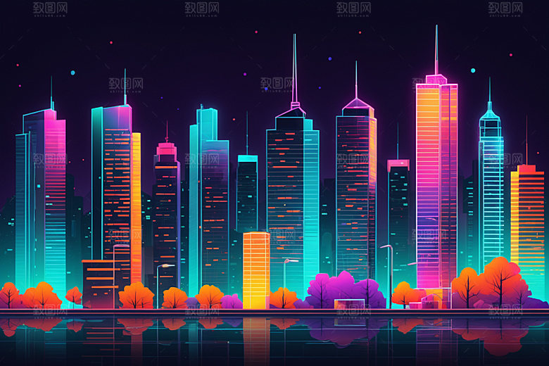 霓虹城市建筑彩色插画