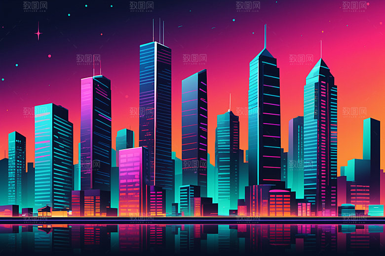 霓虹城市都市科技感插画