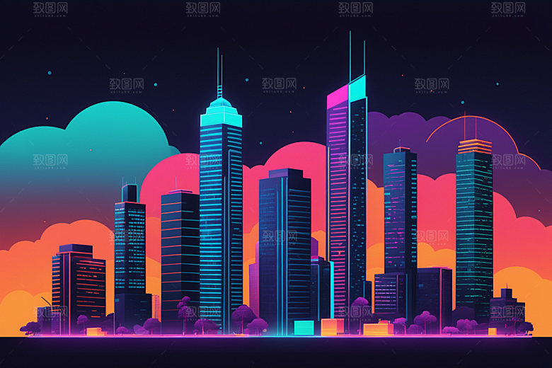 霓虹城市赛博朋克建筑插画