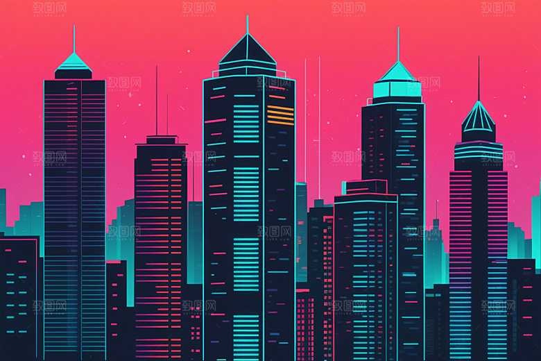 霓虹城市建筑彩色插画