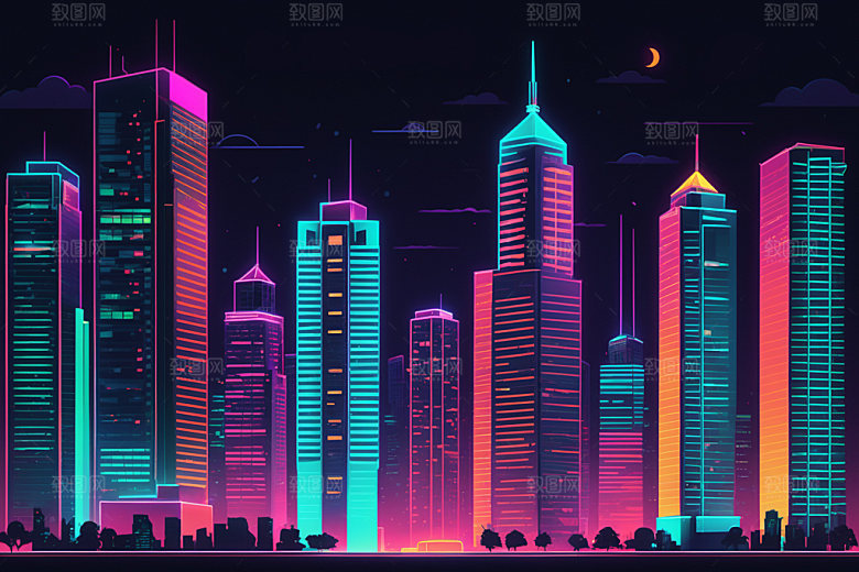 霓虹城市未来建筑插画