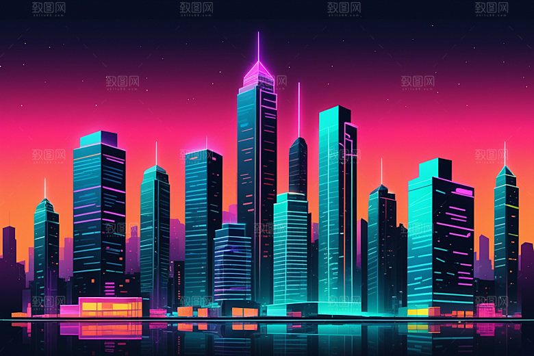 霓虹城市彩色科技感插画