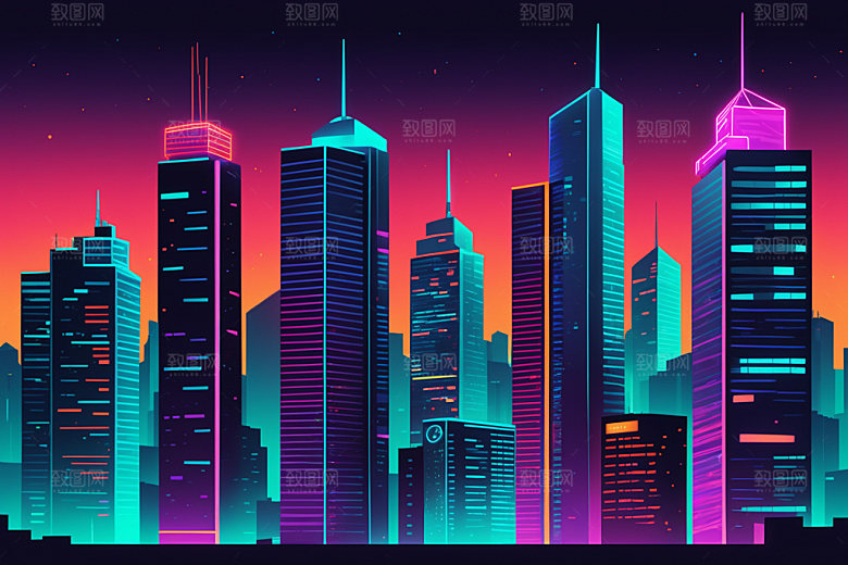 霓虹城市未来都市插画