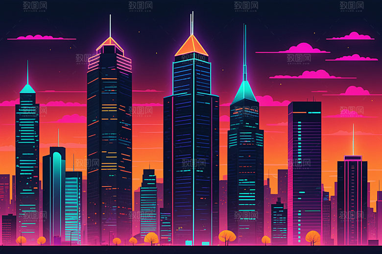 霓虹城市彩色地标插画