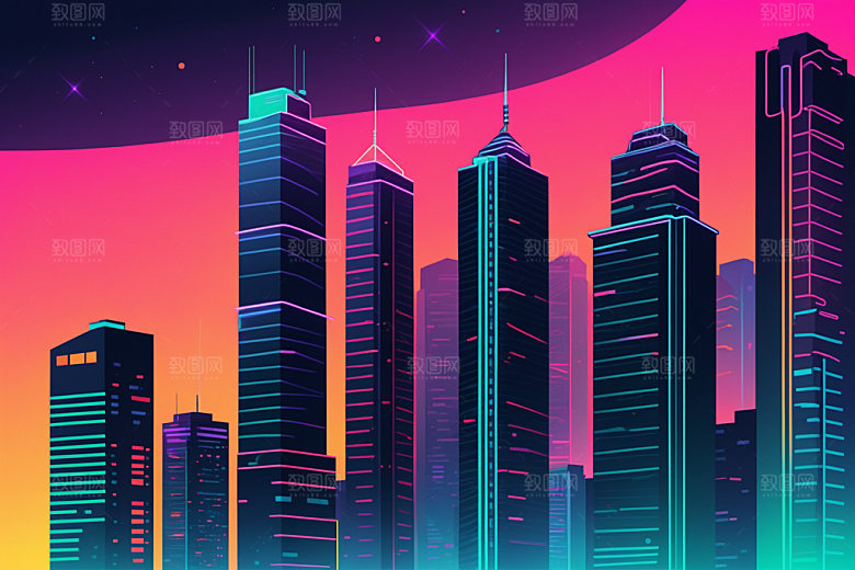 霓虹城市地标彩色插画
