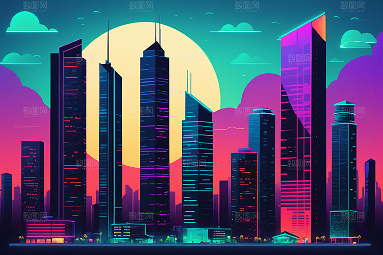 霓虹城市建筑地标插画