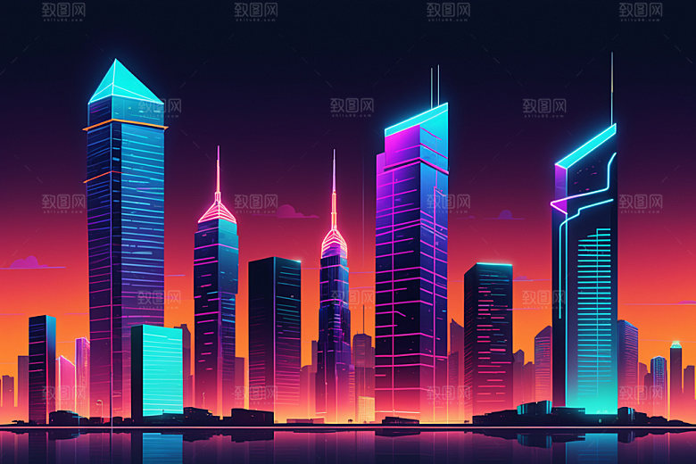 霓虹城市赛博朋克科技感插画