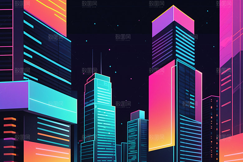 霓虹城市赛博朋克彩色插画