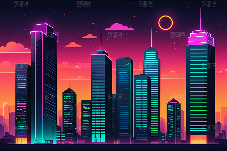 霓虹城市时尚彩色插画