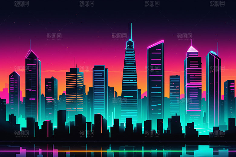 霓虹城市都市赛博朋克插画