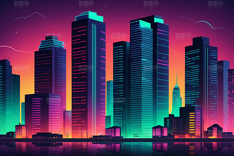 霓虹城市彩色未来插画