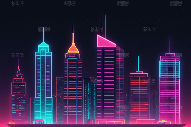 霓虹城市元素科技感插画