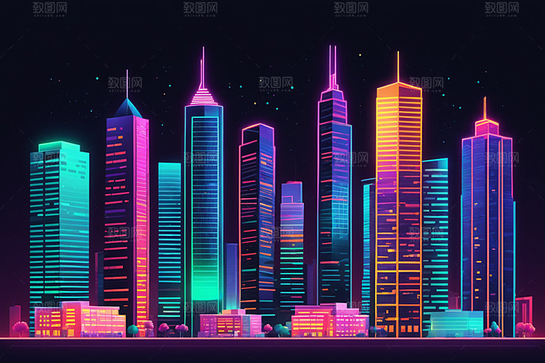 霓虹城市都市地标插画