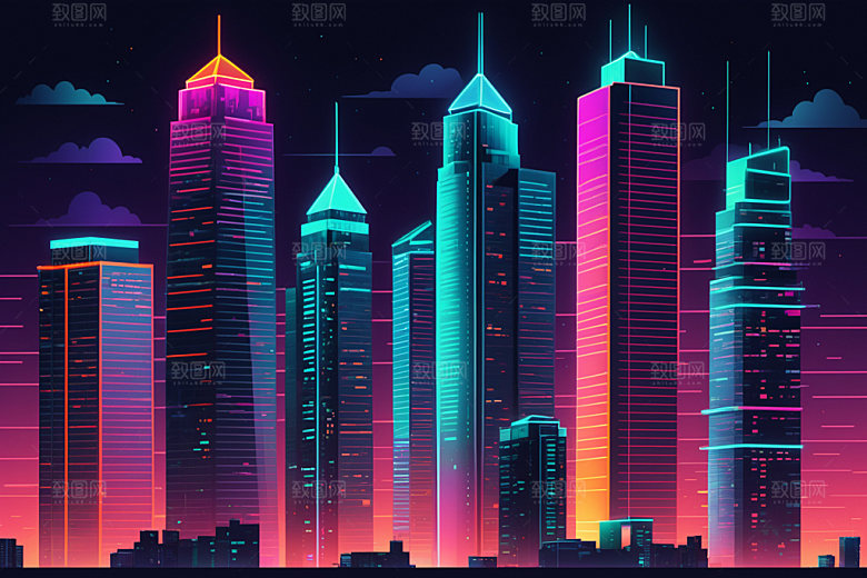 霓虹城市赛博朋克科技感插画