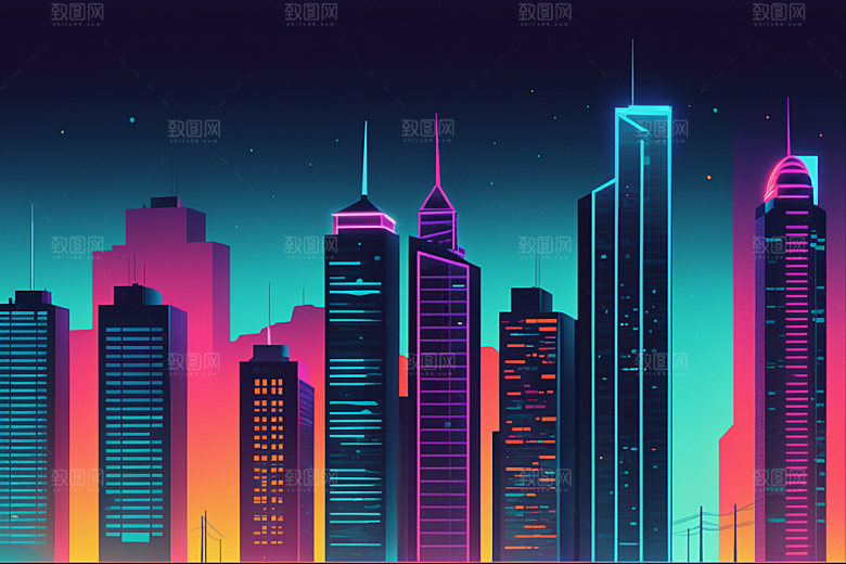 霓虹城市科技感都市插画