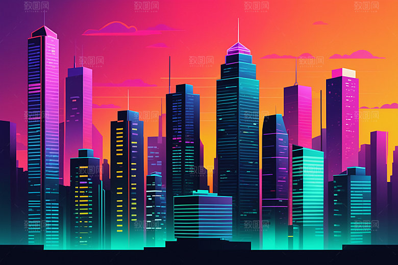 霓虹城市赛博朋克元素插画