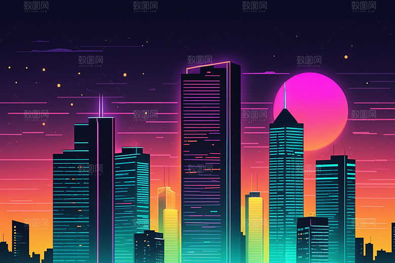霓虹城市地标时尚插画