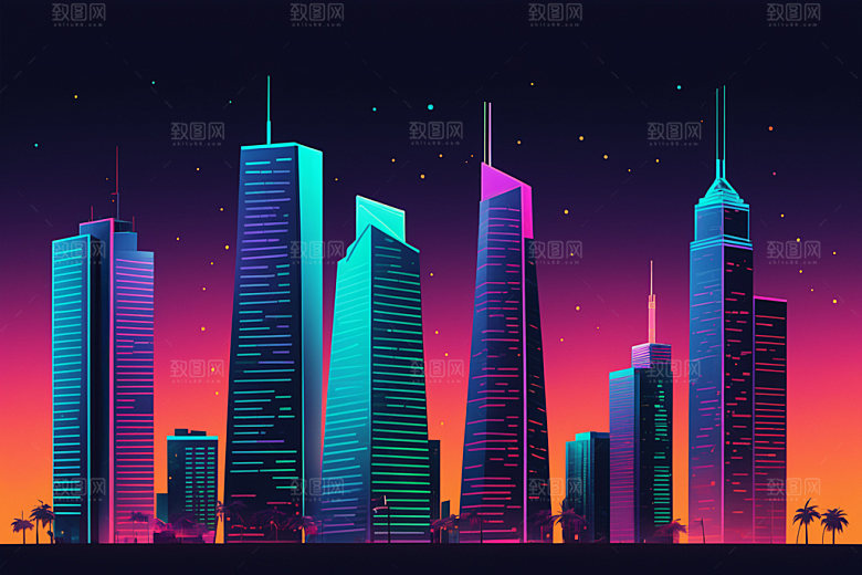 霓虹城市彩色地标插画