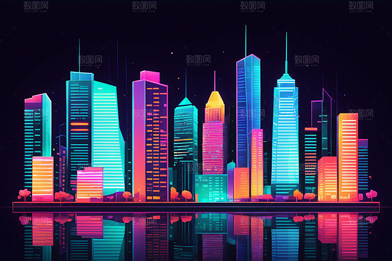 霓虹城市地标科技感插画