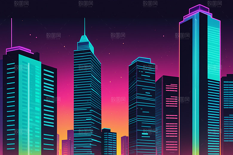 霓虹城市元素彩色插画