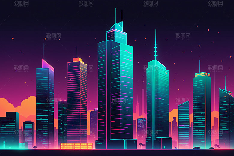 霓虹城市科技感未来插画