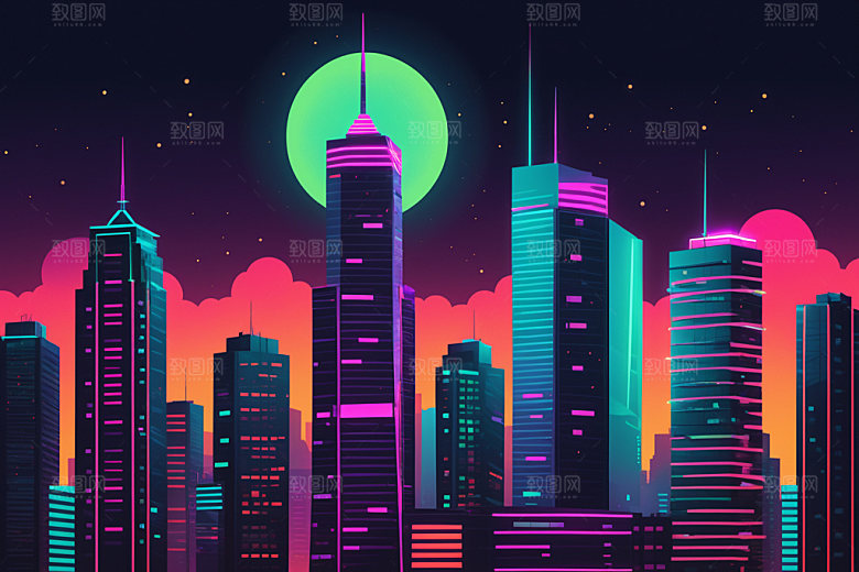 霓虹城市建筑彩色插画