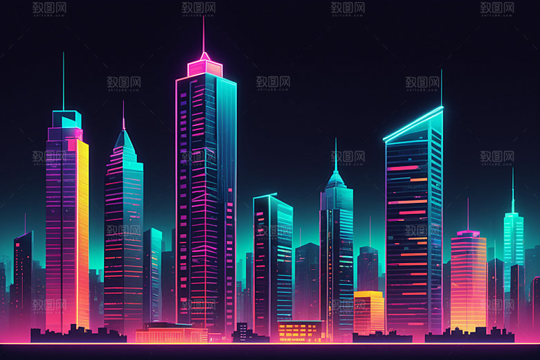 霓虹城市赛博朋克地标插画