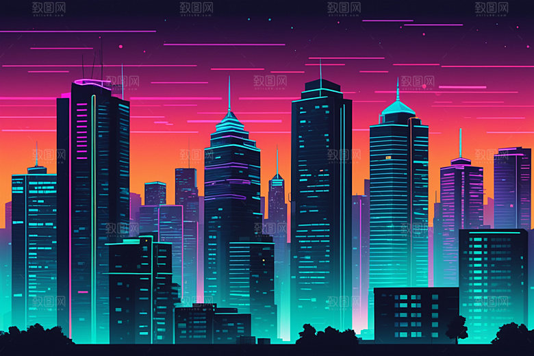 霓虹城市科技感都市插画