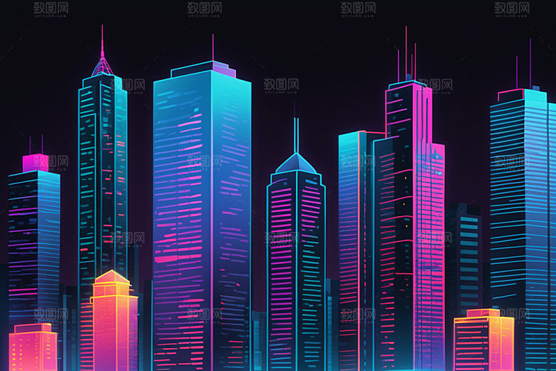 霓虹城市元素建筑插画