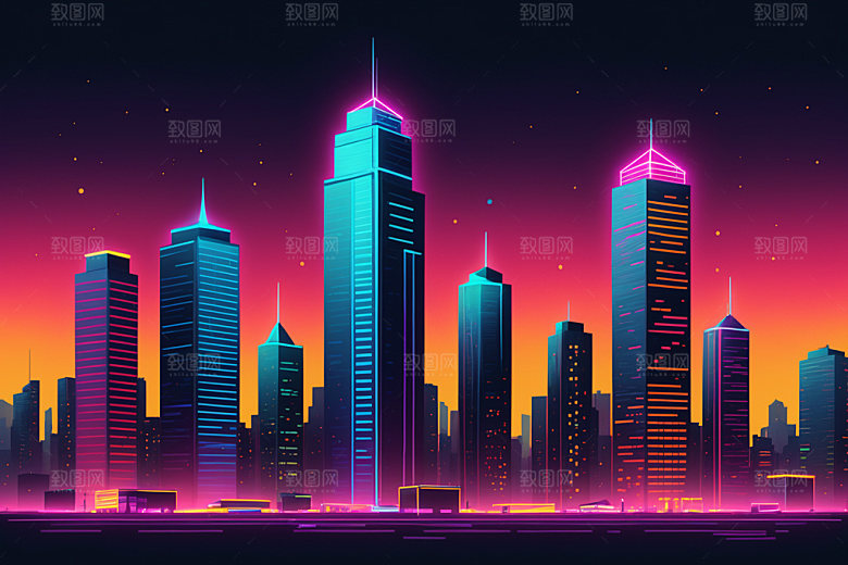 霓虹城市元素都市插画