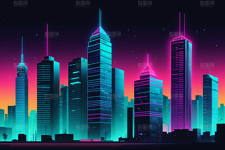 霓虹城市彩色时尚插画