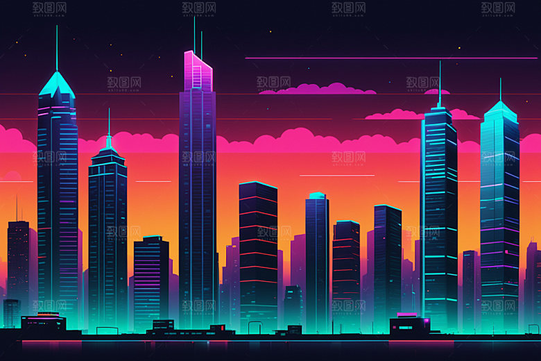 霓虹城市时尚建筑插画