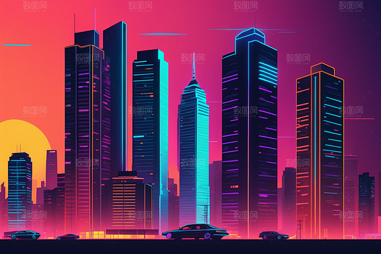 霓虹城市彩色时尚插画