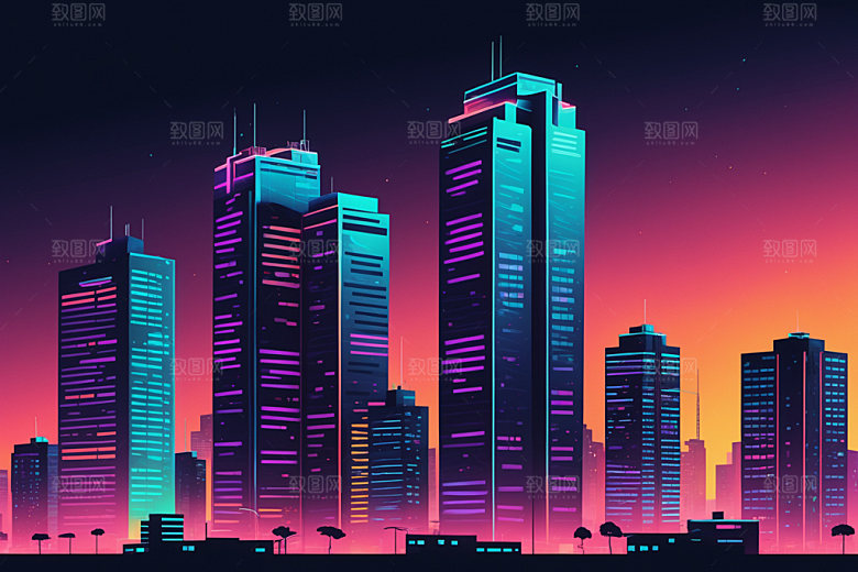 霓虹城市未来建筑插画