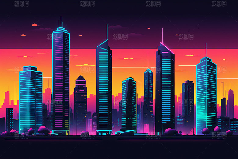 霓虹城市彩色未来插画